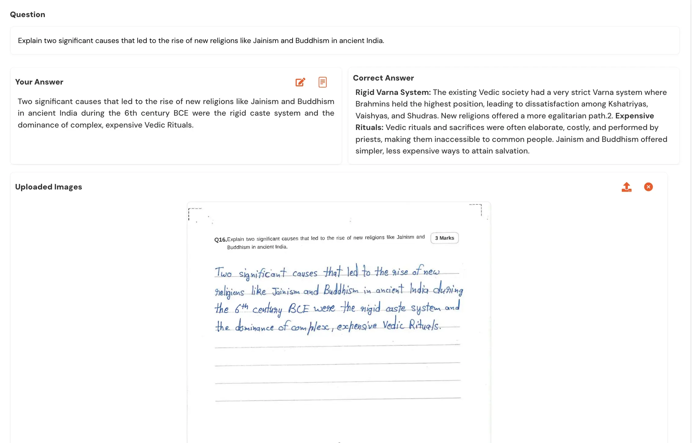 Chanakya evaluation interface showing handwritten work, extracted text and an expected answer